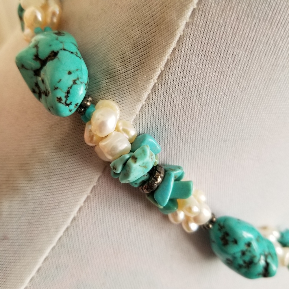 Necklace Southwestern Chunky real pearls and blue stone western style - Picture 13 of 17